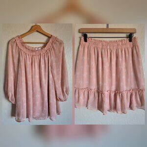 LC Lauren Conrad Smocked Chiffon Palm Print Top & Skirt 2 Piece Set Peach Size L